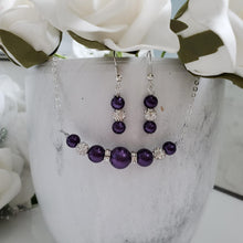 Load image into Gallery viewer, Handmade pearl and crystal bar necklace accompanied by a pair of dangling drop earrings - Dark purple or custom color - Pearl Set - Necklace Set - Bridal Jewelry