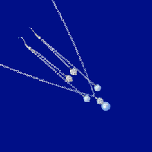 Load image into Gallery viewer, handmade pearl and crystal drop necklace accompanied by a pair of matching multi-strand drop earrings - Necklace And Earring Set - Pearl Set - Bridal Set