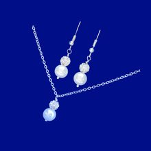 Load image into Gallery viewer, handmade pearl and crystal drop necklace accompanied by a matching pair of earrings