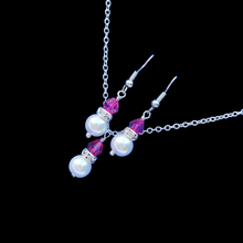Load image into Gallery viewer, Necklace And Earring Set - Necklace Set - Pearl Set, pearl crystal drop necklace drop earring jewelry set, rose red and white or custom color