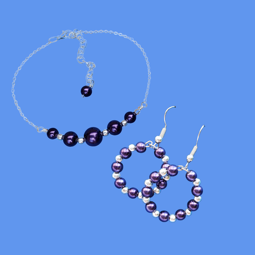 Pearl Jewelry Set - Bracelet Sets - Pearl Set, handmade silver accented pearl bar bracelet accompanied by a pair of hoop earrings