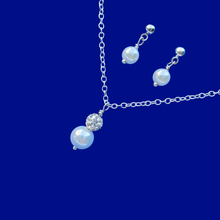 Load image into Gallery viewer, Necklace And Earring Set - Stud Earrings Set - Pearl Set, handmade pearl and crystal drop necklace accompanied by a pair of pearl stud earrings, white or custom color