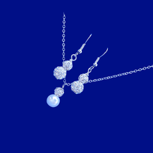 Load image into Gallery viewer, handmade crystal and pearl drop necklace accompanied by a pair of crystal drop earrings