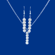 Load image into Gallery viewer, Necklace And Earring Set - Bridal Party Gifts - handmade pave crystal drop necklace accompanied by a matching pair of earrings, silver clear or custom color