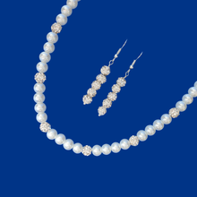 Load image into Gallery viewer, Necklace And Earring Set - Pearl Jewelry Set, handmade pearl and crystal necklace accompanied by a pair of crystal drop earrings, white or custom color