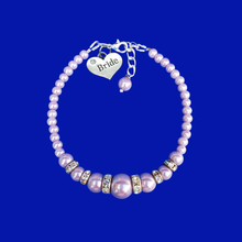 Load image into Gallery viewer, Bride Jewelry - Bride Gift Ideas - Bride Gift, handmade bride pearl and crystal charm bracelet, lavender purple or custom color