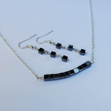 Load image into Gallery viewer, A handmade hematite bar necklace accompanied by a pair of drop earrings - Necklace And Earring Set - EMF Protection - Jewelry Set