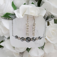 Load image into Gallery viewer, Handmade pearl and crystal bar necklace accompanied by a pair of pave crystal rhinestone drop earrings - dark grey or custom color - Pearl Necklace Set - Necklace Set - Necklace Earrings
