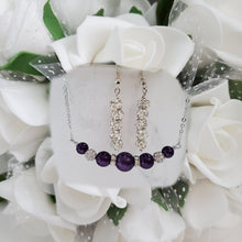 Load image into Gallery viewer, Handmade pearl and crystal bar necklace accompanied by a pair of pave crystal rhinestone drop earrings - dark purple or custom color - Pearl Necklace Set - Necklace Set - Necklace Earrings