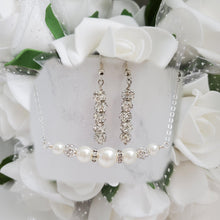 Load image into Gallery viewer, Handmade pearl and crystal bar necklace accompanied by a pair of pave crystal rhinestone drop earrings - white or custom color - Pearl Necklace Set - Necklace Set - Necklace Earrings