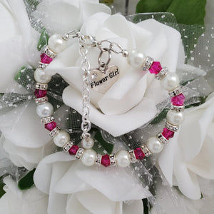 Handmade flower girl pearl and swarovski crystal charm bracelet, white and rose red or custom color - Flower Girl Gift - Would You Be My Flower Girl