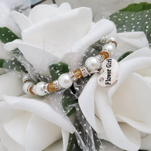 Load image into Gallery viewer, Handmade flower girl pearl and swarovski crystal charm bracelet, white and amber or custom color - Flower Girl Gift - Would You Be My Flower Girl