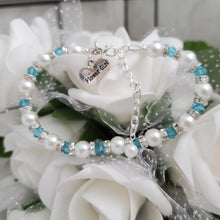 Load image into Gallery viewer, Handmade flower girl pearl and swarovski crystal charm bracelet, white and lake blue or custom color - Flower Girl Gift - Would You Be My Flower Girl