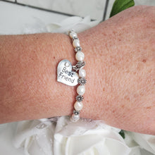 Load image into Gallery viewer, Best Friend Bracelet - Bracelets - Best Friend Gift, best friend fresh water pearl floral charm bracelet, ivory and tibetan silver or ivory and tibetan gold