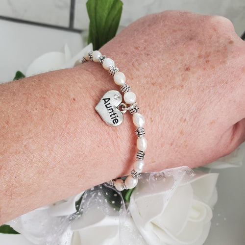 A handmade Auntie fresh water pearl and floral charm bracelet, ivory and silver or ivory and gold - Auntie Gift Ideas - Auntie Bracelet - Auntie Gift