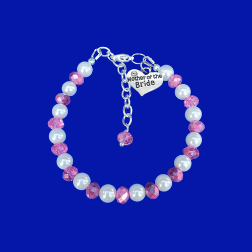 mother of the bride pearl crystal charm bracelet, white and pink or custom color
