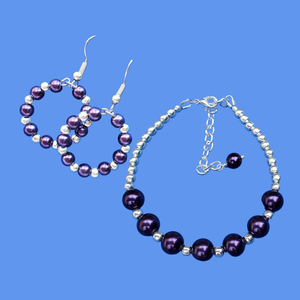 Jewelry Set - Bracelet Sets - Pearl Set, handmade silver accented bracelet accompanied by a pair of hoop earrings, dark purple or custom color