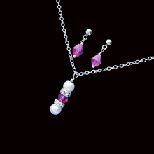Load image into Gallery viewer, Necklace And Earring Set - Stud Earrings Set, pearl swarovski crystal drop necklace crystal stud earring jewelry set, pink / rose red and white or custom color