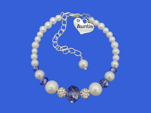 Auntie Jewelry - Auntie Gift Ideas - Auntie Gift, handmade auntie pearl crystal charm bracelet, white and blue or custom color