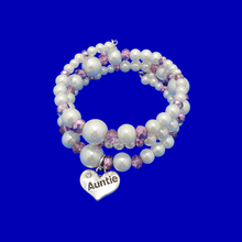 Load image into Gallery viewer, Auntie Gift - Auntie Present - Auntie Gift Ideas, auntie pearl crystal expandable multi layer wrap charm bracelet, white and purple or custom color