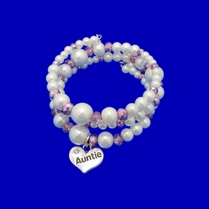 Auntie Gift - Auntie Present - Auntie Gift Ideas, auntie pearl crystal expandable multi layer wrap charm bracelet, white and purple or custom color