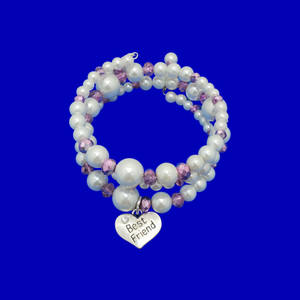 Best Friend Present - Friend Bracelet - Best Friend Gift, handmade best friend pearl crystal expandable multi layer wrap charm bracelet, white and purple or custom color