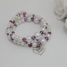 Load image into Gallery viewer, Handmade best friend pearl crystal expandable multi layer wrap charm bracelet, white and purple or custom color - Best Friend Present - Friend Bracelet - Best Friend Gift