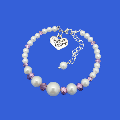 Grand Mother Gift - Unique Grandmother Gifts - grand mother pearl crystal charm bracelet, white and purple or custom color