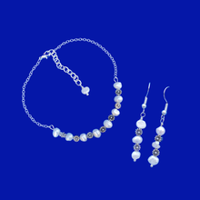 Load image into Gallery viewer, Bridal Sets - Bracelet Sets - Maid of Honor Gifts - handmade floral fresh water pearl bar bracelet accompanied by a pair of drop earrings, ivory and silver or ivory and gold