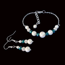Load image into Gallery viewer, Gifts For Bridesmaids - Bracelets Sets - Bridal Gifts - handmade pearl and crystal bar bracelet accompanied by a pair of drop earrings, white green silver or custom color