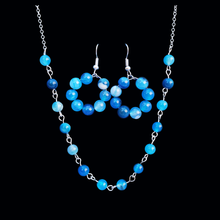 Load image into Gallery viewer, Necklace And Earring Set - Gemstone Jewelry, handmade natural gemstone necklace accompanied by a pair of hoop earrings, blue lines agate or custom color