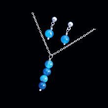 Load image into Gallery viewer, Necklace And Earring Set - Gemstone Jewelry, handmade natural gemstone drop necklace accompanied by a pair of stud earrings, blue line agate or custom color