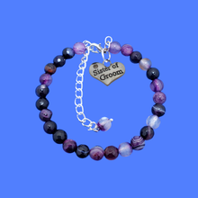 Load image into Gallery viewer, Sister of the Groom Gift - Groom&#39;s Sister, handmade sister of the groom natural gemstone charm bracelet, shades of purple (purple agate) or custom color