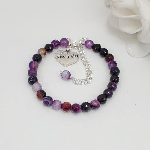 Handmade flower girl natural gemstone charm bracelet - purple agate (shades of pink) or custom color - Flower Girl Gift - Flower Girl Jewelry