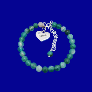 Gifts for Mum - Mum Bracelet - Mother Jewelry, handmade mum natural gemstone expandable charm bracelet, shades of green (green fantasy agate) or custom color