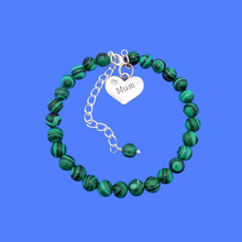 Load image into Gallery viewer, Gifts for Mum - Mum Bracelet - Mother Jewelry, handmade mum natural gemstone expandable charm bracelet, shades of green with black stripes (green malachite) or custom color