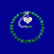 Load image into Gallery viewer, handmade maid of honor natural gemstone charm bracelet (green malachite) shades of green with black stripes or custom color
