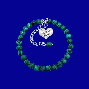 handmade maid of honor natural gemstone charm bracelet (green malachite) shades of green with black stripes or custom color