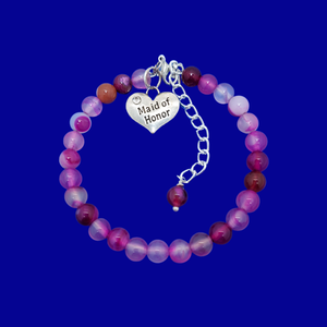 handmade maid of honor natural gemstone charm bracelet (rose line agate) shades of pink or custom color