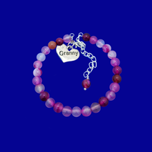 Load image into Gallery viewer, Granny Gift - Granny Present - Great Granny Gifts- Handmade Granny natural gemstone charm bracelet, shades of pink (rose line agate) custom color