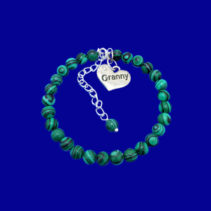 Granny Gift - Granny Present - Granny Bracelet, handmade granny natural gemstone charm bracelet, shades of green with black stripes (green malachite) or custom color