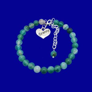 Granny Gift - Granny Present - Granny Bracelet, handmade granny natural gemstone charm bracelet, shades of green (green fantasy agate) or custom color
