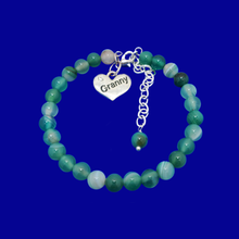 Load image into Gallery viewer, Granny Gift - Granny Present - Great Granny Gifts- Handmade Granny natural gemstone charm bracelet, shades of green (green fantasy agate) custom color