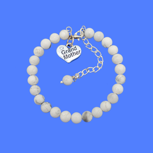 Grand Mother Gift - Grand Mother Bracelet, Handmade Grand mother natural gemstone charm bracelet, shades of grey and white (white howlite) or custom color