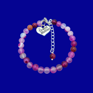 Grand Mother Gift - Grand Mother Bracelet, Handmade Grand mother natural gemstone charm bracelet, shades of pink (rose line agate) or custom color