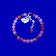 Load image into Gallery viewer, Gran Mothers Day - Gran Gift - Gran Present - handmade gran natural gemstone charm bracelet (rose line agate) shades of pink or custom color