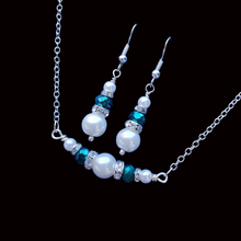Load image into Gallery viewer, Necklace And Earring Set - Necklace Set - Pearl Set, handmade pearl and crystal bar necklace accompanied by a pair of drop earrings, green and white or custom color