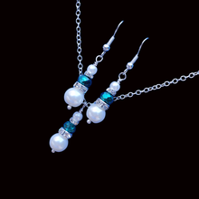 Load image into Gallery viewer, Gifts For Bridesmaids - Necklace And Earring Set - handmade pearl and crystal drop necklace accompanied by a matching pair of earrings, white and green or custom color