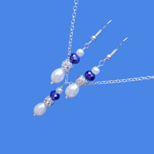 Load image into Gallery viewer, Handmade pearl and crystal drop pendant and dangle earring set - white and blue or custom color - Earring Sets - Pearl Jewelry Set - Necklace And Earring Set