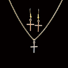 Load image into Gallery viewer, Necklace And Earring Set - Religious Jewelry - handmade gold cross drop necklace drop earring jewelry set